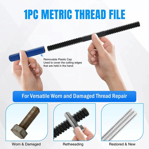 Hands holding 1PC metric thread file, with cap, for repairing worn and damaged threads shown in steps, part of Beefy 15 Piece Set.