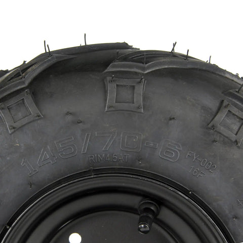 Close-up of Versatile 145/70-6 ATV Go Kart Wheels Set with Tubeless Tires showing tire tread and size marking detail.