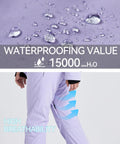 Women One Piece Ski Suit waterproof 15000mmH2O showing water resistance and underarm vents for snowmobiling and snowboarding.