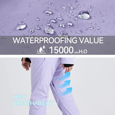 Women One Piece Ski Suit waterproof 15000mmH2O showing water resistance and underarm vents for snowmobiling and snowboarding.