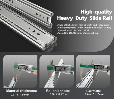Two Piece Set 22 Inch Full Extension Ball Bearing Drawer Slides Shrug Off Two Hundred Pounds Heavy Duty Cabinet with thickness measurements.