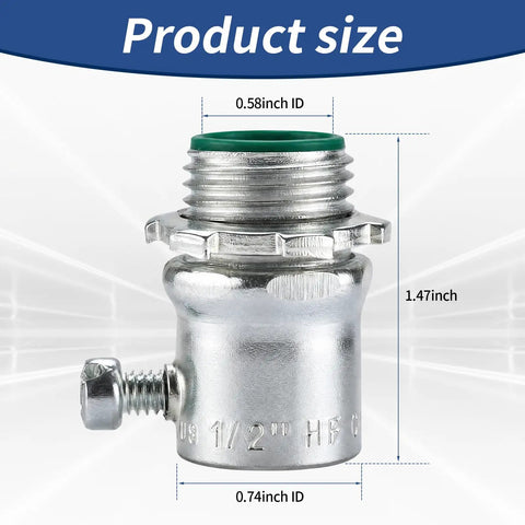 Rugged 1/2 Inch EMT Set Screw Connector With Insulated Throat Protection And Corrosion Resistant Zinc Plated Steel dimensions: 1.47 inch height, 0.58 inch ID.