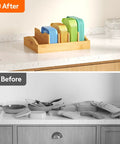 Image showing a bamboo lid organizer for inside cabinet with 4 adjustable inserts and 5 sections, holding various container lids neatly.