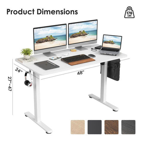 Electric Standing Desk With Four Memory Presets And No Sweat Height Adjustment In White, featuring 48x24 dimensions and dual screens.