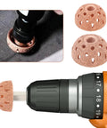 Tire Patch Kit With Patch Roller And Buffing Wheels 42mm And 55mm Six Piece Set showing buffing wheel on drill attachment.