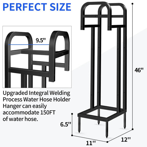 Heavy Duty Freestanding Garden Hose Holder With Upgraded 150 Ft Capacity Metal Hose Stand For Outdoor Yard And Lawn, shown in size dimensions.