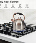 Stainless Steel Whistling Tea Kettle For Stovetop, Food Grade Build With A Thick 5 Layer Bottom For Even Heating, 3 Quart, on gas stove