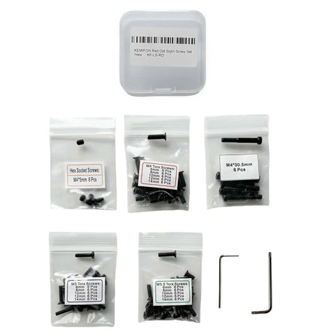 Top Shelf Red Dot Sight Screw Kit With M3 M3.5 And M4 Torx Anti Stripping Bolts Plus M4 Hex Picatinny Mounts in organized bags