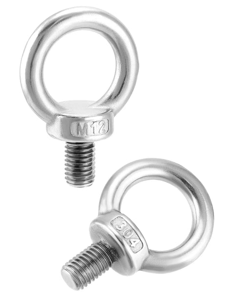 Top Shelf 304 Stainless Steel M12 x 20mm Shoulder Lifting Ring Eye Bolt With Male Thread Five Pack, displayed in close-up.