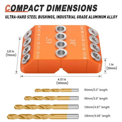 Angled Drill Guide Jig For Cable Railing Posts And Decks With 30 45 90 Degree Holes Four Bit Kit All Metal Durable Drill Jig dimensions