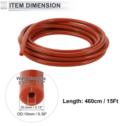 Coiled red Silicone Vacuum Hose For Your Ride 15 Ft Long High Temp 3mm ID Approx 0.12 Inch 10mm OD 3.5mm Wall Red Heavy Duty Automotive Vacuum Line 130 PSI Max Pressure One Piece Ride Ready showing dimensions.