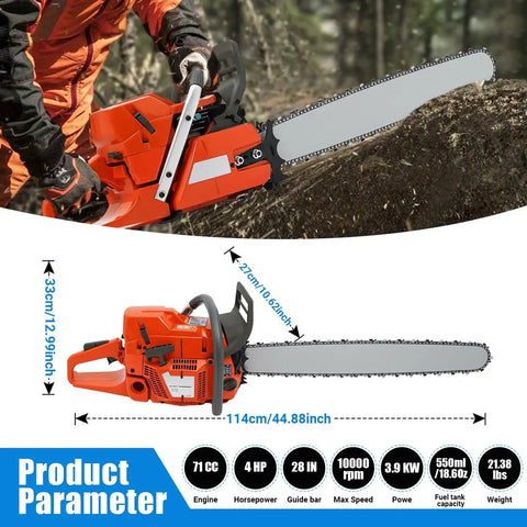 Gas Powered Chainsaw With 28 Inch Bar And 71CC Two Stroke Beast Power Delivers Up To 2KW At 10000 RPM shown in forest setting