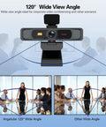 Lock In With This Crisp 4K Ultra HD Webcam Featuring A Broad 120 Degree Wide Angle Lens showcasing dual mics and wide view for video calls.