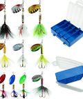 10 Piece Spinner Lures Kit With Tackle Box For Freshwater And Saltwater Fishing, colorful dressed spinnerbaits, blue tackle box
