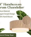 Plug In Pendant Light 18 Inch Rattan Chandelier With Handwoven Hemp Rope And White Fabric Shade Featuring Extra Long Power Cord Good Vibes Perfect For Cozy Living Room Bedroom Or Kitchen, 18" handwoven drum chandelier with natural hemp rope.