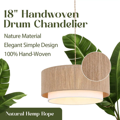 Plug In Pendant Light 18 Inch Rattan Chandelier With Handwoven Hemp Rope And White Fabric Shade Featuring Extra Long Power Cord Good Vibes Perfect For Cozy Living Room Bedroom Or Kitchen, 18" handwoven drum chandelier with natural hemp rope.