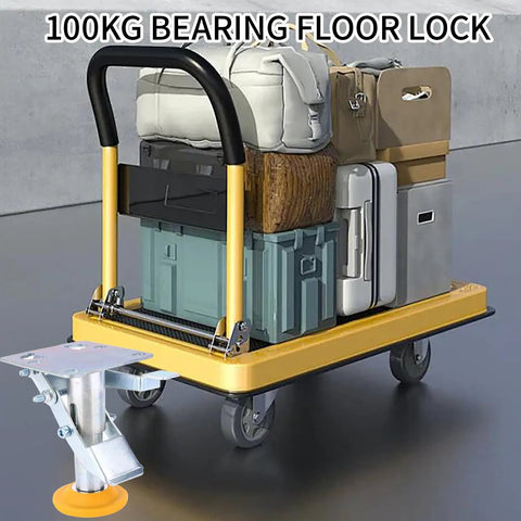 Heavy Duty Floor Lock Brake With Adjustable Height Manganese Steel Cart Lock For Trolleys, 100kg Load Capacity, TPU Pad, Fits 4 To 5 Inch Casters, Secure Stop For Industrial Carts And Dollies, shown securing a loaded trolley