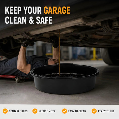 Robust HDPE Oil Catch Drain Pan With Wide 37 Cm Basin Opening For Easy Home Auto Care And Repeat Garage Work That Sucks Less Fluids And Makes Cleanup A Total Breeze For Any DIY Car Guy under a vehicle catching spilled oil.