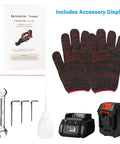 Accessory kit for Loschen Cordless Electric Hydraulic Rebar Cutter including manual, gloves, tools, battery, and charger.