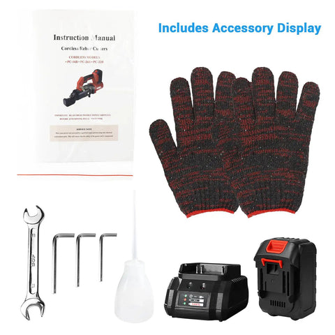 Accessory kit for Loschen Cordless Electric Hydraulic Rebar Cutter including manual, gloves, tools, battery, and charger.