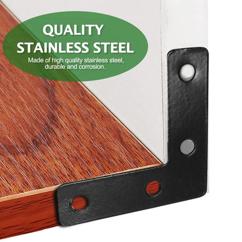 20 Pack L Shaped Flat Mending Plates 50mm By 50mm Right Angle Corner Braces For Photo Frames Black Stainless Steel Beefy Rustproof Frame Brackets With Screws Heavy Duty Wood Metal Repair Clips installed on wood corner