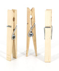 Tough As Nails Wooden Clothespins With Heavy Duty Spring Clip For Line Drying Laundry And Chip Bag Sealing Rust Resistant Coiled Design Non Slip Grip Bulk Pack Of 50 showing three wooden clothespins.