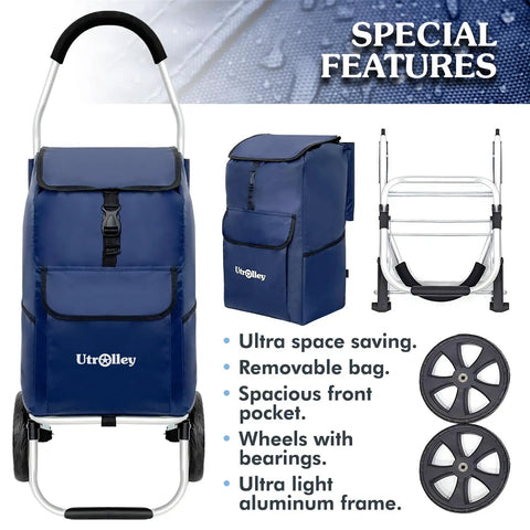 Ultra Lightweight Foldable Grocery Cart With 42L Capacity Rugged Aluminum Frame Rubber Wheels Removable Insulated Bag Liner