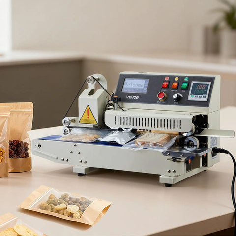 Continuous Bag Sealer Machine With Adjustable Temp And Speed, Horizontal Band Sealer for plastic bags with ink printing in use