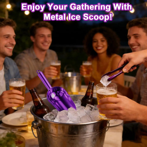Heavy Duty Ice Scoop For Freezer With Magnetic Hook And Ice Tongs, purple stainless steel in ice bucket at party