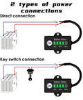 Mini LED Battery Indicator For DC 12/24V Lifepo4 Batteries With Five Column Green LED Gauge Battery Power Monitor For Golf Carts Forklifts And Equipment Auto Recognizes 12V Or 24V And Shows Twenty Percent Increments. Wiring diagram showing direct and key switch connection