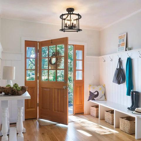 Farmhouse Semi Flush Mount Light Four Light Matte Black Industrial Ceiling Fixture in cozy entryway