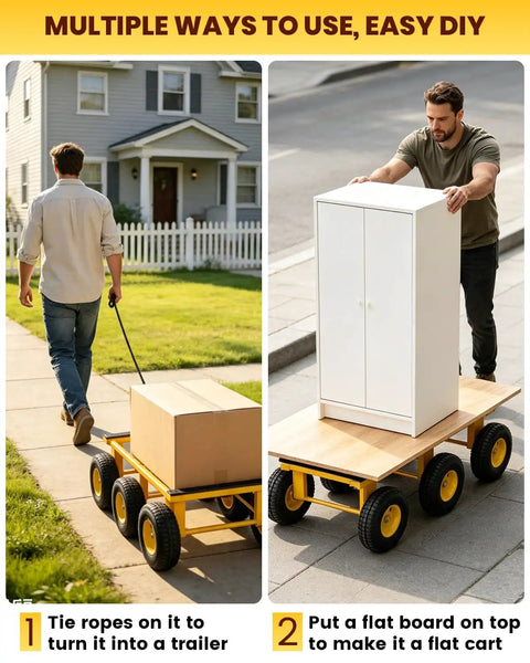 Beast Mode Six Wheel All Terrain Furniture Dolly Moves Heavy Loads up to 1500 Lbs Heavy Duty Moving Cart 35x18 Inches with Rust Proof Welded Frame and Non Marking Pads for Smooth Transport Anywhere Without Breaking a Sweat During Moves, trailer setup with board top
