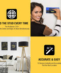 Person using ProSensor 710 Plus 13 Sensor Stud Finder With Wood And Metal Detector Wall Scanner Built In Bubble Level Deep Detection Up To One Point Six Inches For DIY Enthusiasts Blue Made In The USA on a wall.