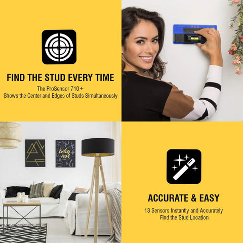 Person using ProSensor 710 Plus 13 Sensor Stud Finder With Wood And Metal Detector Wall Scanner Built In Bubble Level Deep Detection Up To One Point Six Inches For DIY Enthusiasts Blue Made In The USA on a wall.