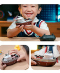 Child holding RC Tugboat Remote Control Boat For Pools And Lakes 2.4GHz Anti Interference Control LED Lights Rotating Searchlight