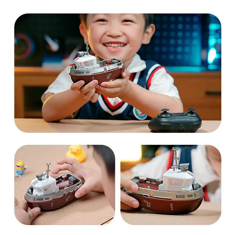 Child holding RC Tugboat Remote Control Boat For Pools And Lakes 2.4GHz Anti Interference Control LED Lights Rotating Searchlight
