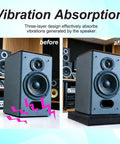 Comparison of speaker with Three Layer Studio Monitor Isolation Pads With Foam Riser for desk vibe reduction and cleaner audio.