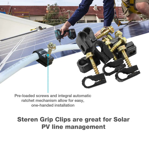 Person installing coaxial cable clips and wire organizer clips for desk TV mounts siding and cord management on solar panels