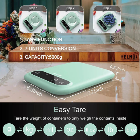 Chef Grade Digital Food Scale For Kitchen, 11lb Capacity With 0.01oz/1g Precision, shown in mint color with tare function