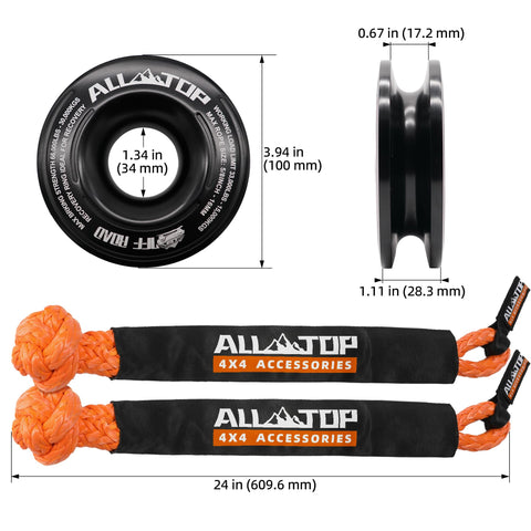 Hardcore Synthetic Soft Shackle and Recovery Ring Kit With Snatch Pulley Ring, dimensions shown, for winch tackle systems