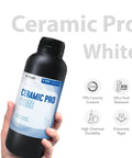 Hand holding Ceramic Pro Resin For 3D Printing, Ceramic-Like Matte Finish, 1 liter bottle, with key features displayed.