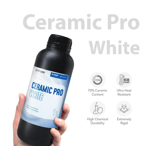 Hand holding Ceramic Pro Resin For 3D Printing, Ceramic-Like Matte Finish, 1 liter bottle, with key features displayed.