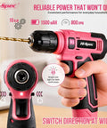 Hand holding pink 8V cordless drill set with LED light, USB rechargeable, ideal for DIY projects, wood and plastic use