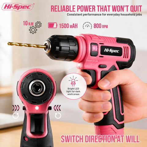 Hand holding pink 8V cordless drill set with LED light, USB rechargeable, ideal for DIY projects, wood and plastic use