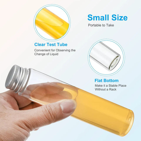 110ml Clear Flat Bottom Test Tubes With Silver Caps Pack Of 60 Plastic PET Storage Containers for experiments and crafts.