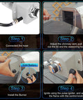 Steps to install gas burner on Karu 12 pizza oven: connect hose, adjust vent, install burner, ignite with control knob.