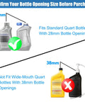Image showing compatibility of Lower Unit Gear Oil Pump for Standard Quart Bottles with 28mm opening, not 38mm.