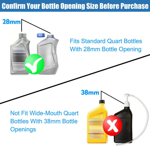 Diagram showing Quart Bottle Hand Pump No Spill For Gear Oil And Transmission Fluids 8cc Stroke Capacity 28mm vs 38mm bottle caps