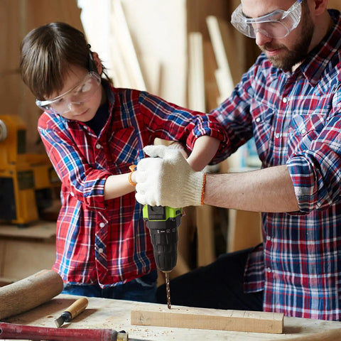 Father and child using drill with Cobalt Drill Bit Set 21 Piece M35 High Speed Steel For Hardened Steel Stainless Steel And Alloy Steel