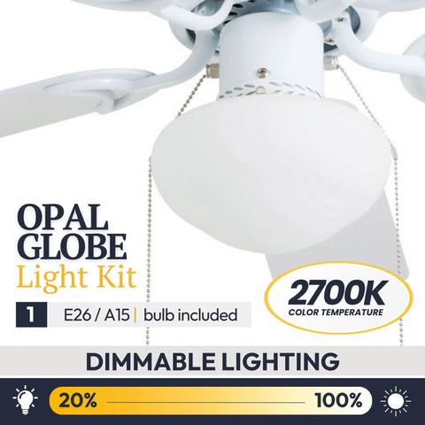 Alvina 42 Inch Ceiling Fan With Light and LED Kit showing opal globe light kit and dimmable lighting feature.